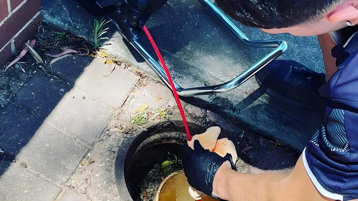 Blocked drain repair Adelaide — plumber feeding high-pressure water jet hose into drain inspection opening