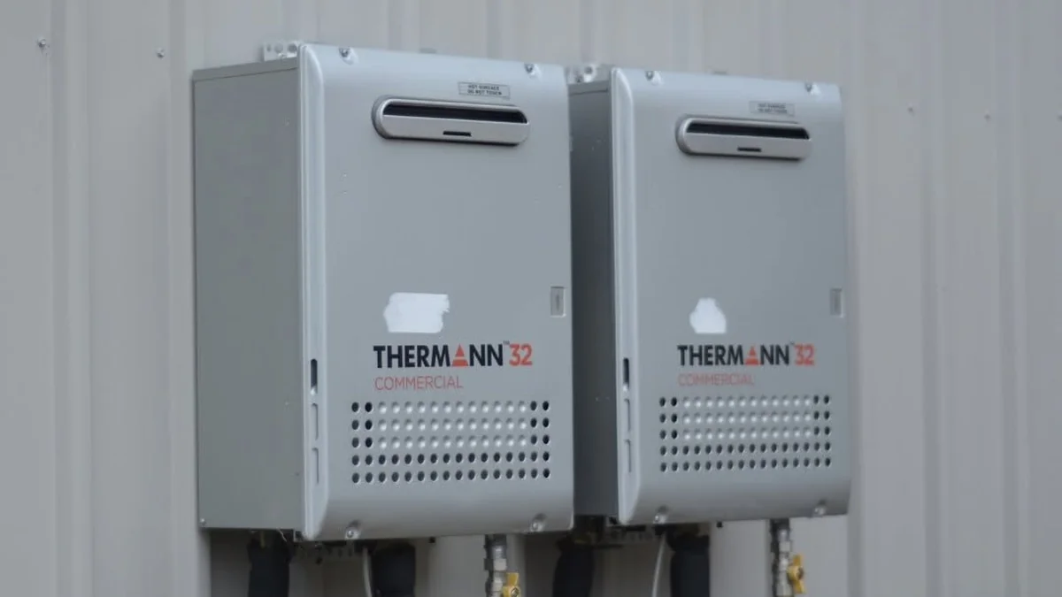 Hot water system installation Adelaide — dual Thermann 32 commercial continuous flow gas hot water units