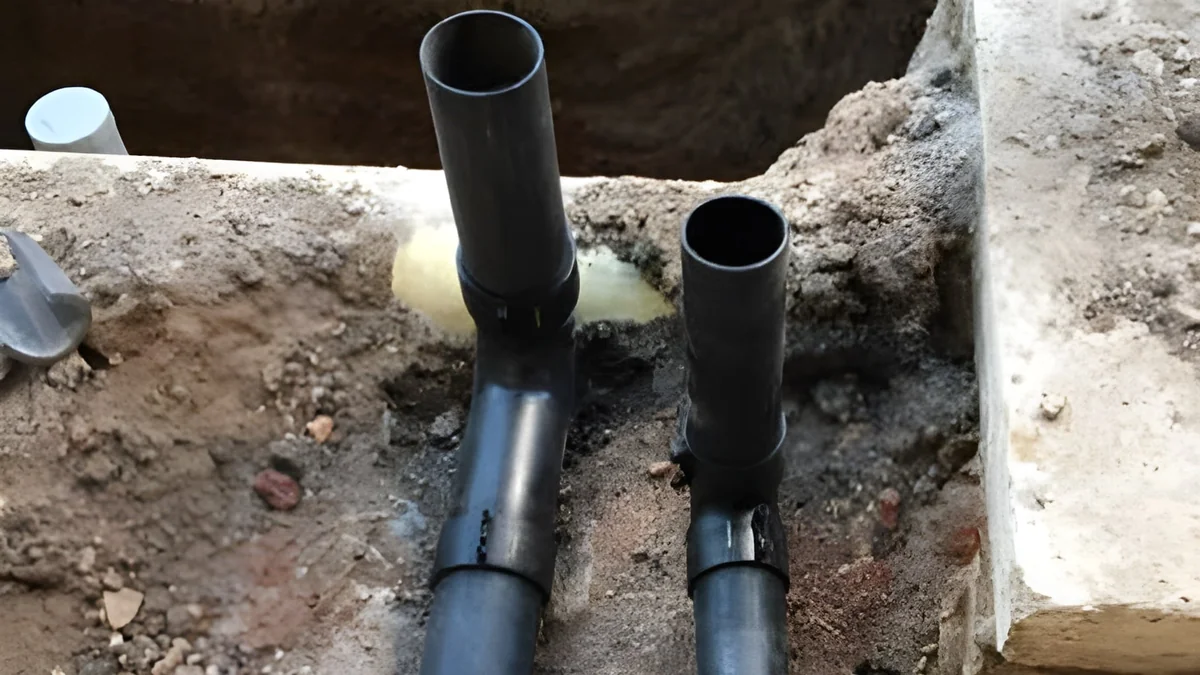 Pipe relining Adelaide — new PVC sewer pipes installed side by side in underground excavation trench