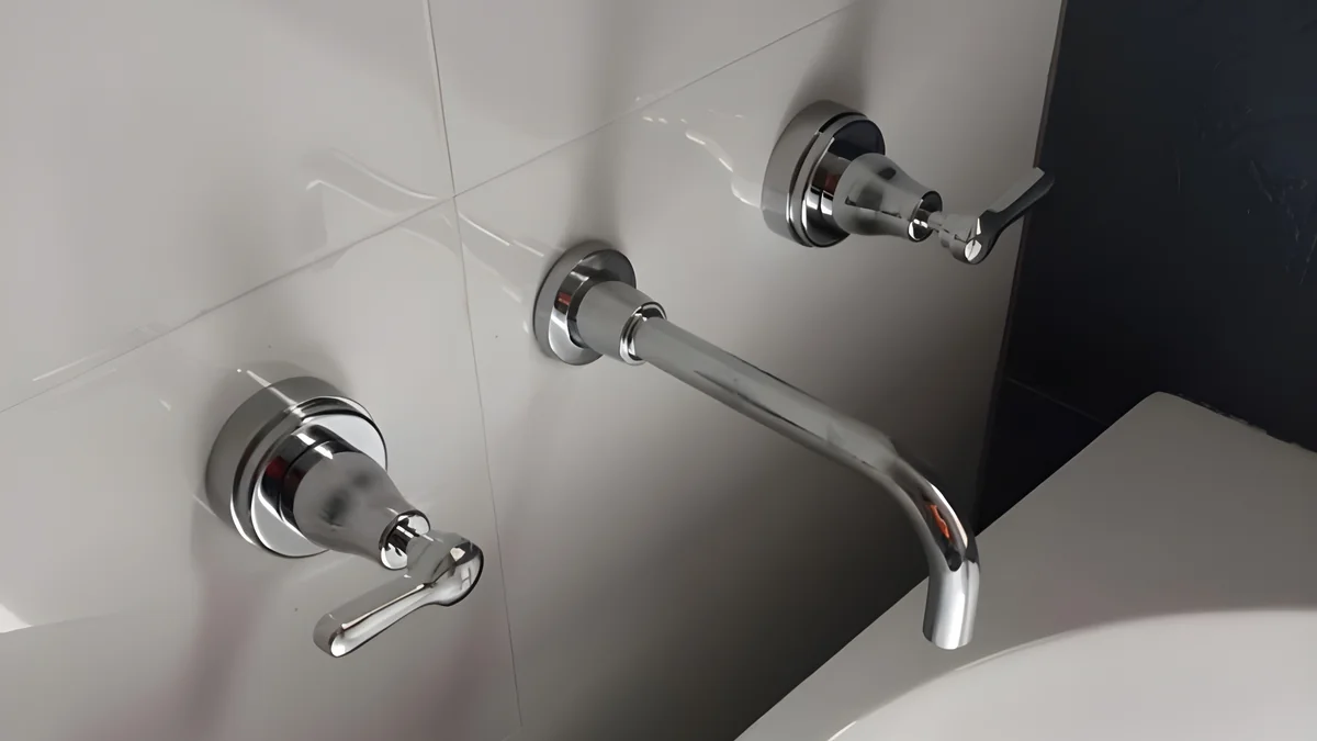 Tap repair service Adelaide — wall-mounted chrome tap set and curved spout installed over bathroom basin
