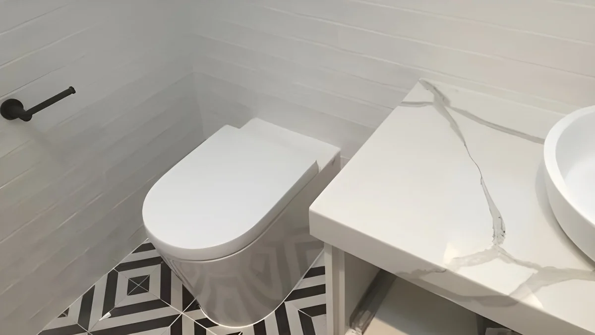 Toilet installation and repair Adelaide — wall-hung toilet suite and marble vanity in modern tiled bathroom